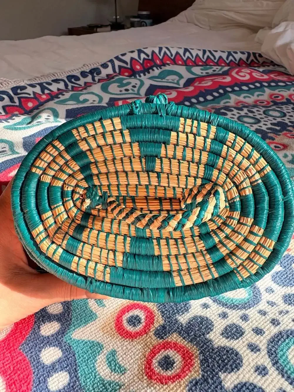 Handwoven Maya Teal and Natural Pine Needle Geometric Basket with Lid